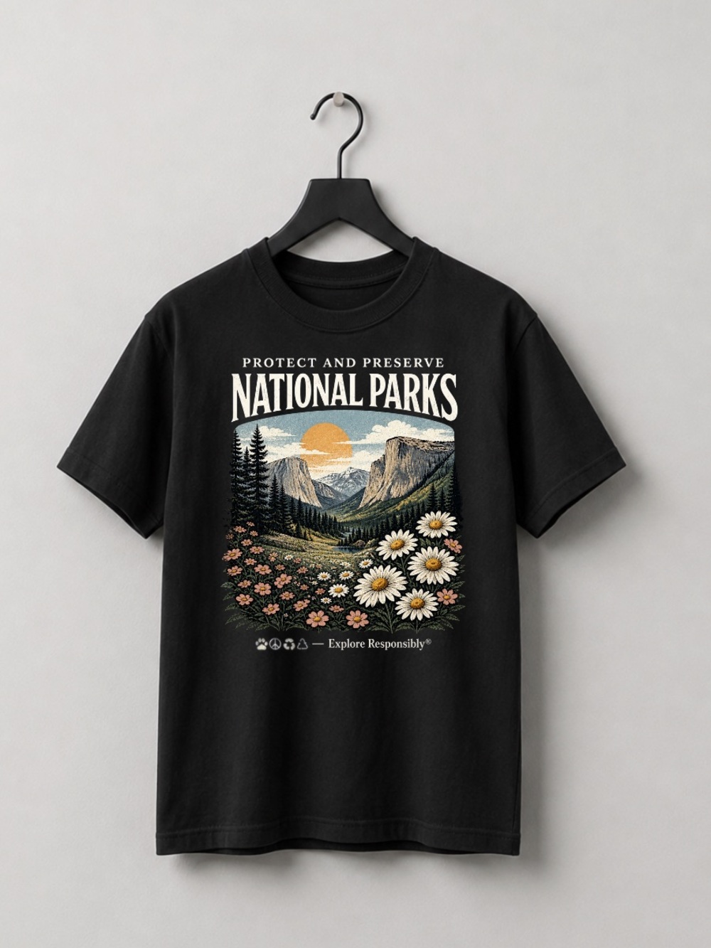 Black Short Sleeve Tee with National Parks Floral Sunset Graphic